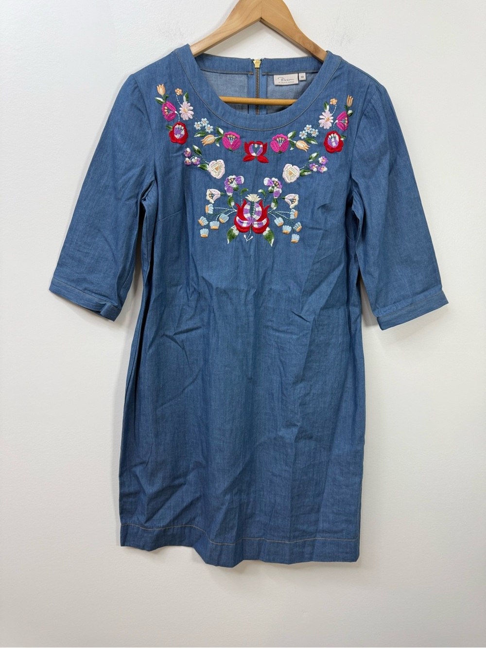 Poem by Oliver Bonas floral embroidered chambray denim shift dress size 10 - Picture 2 of 12